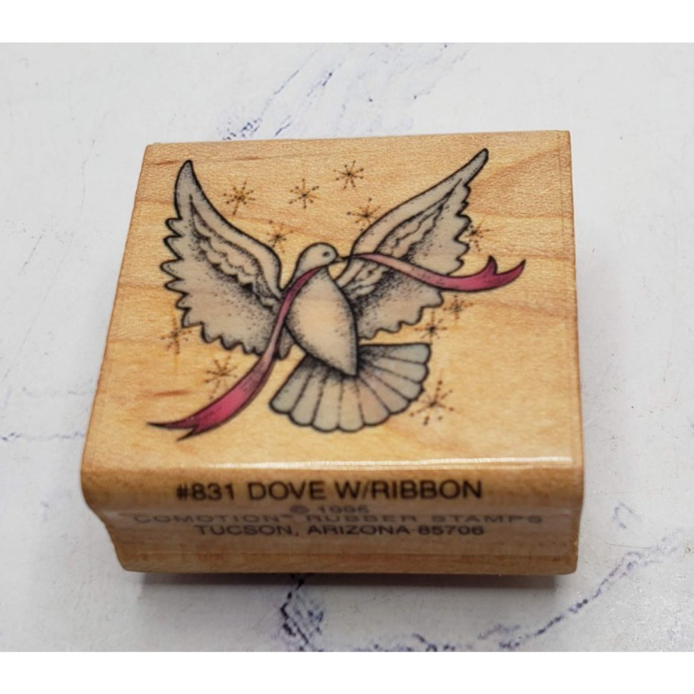 Flying Dove With Ribbon Comotion Wood Mounted Rubber Stamp #831